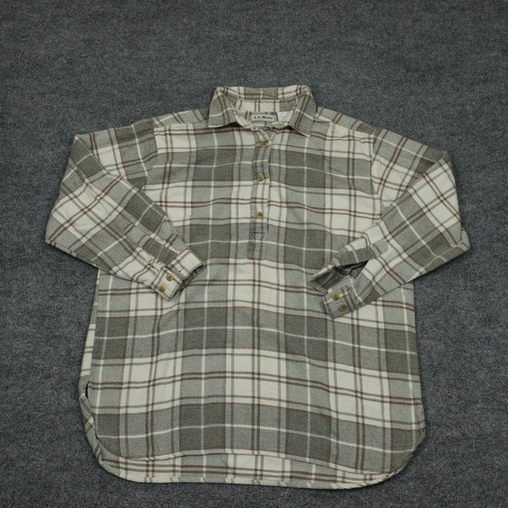 Vintage L.L. Bean Shirt Womens Medium Gray White Plaid Flannel Pullover Portugal